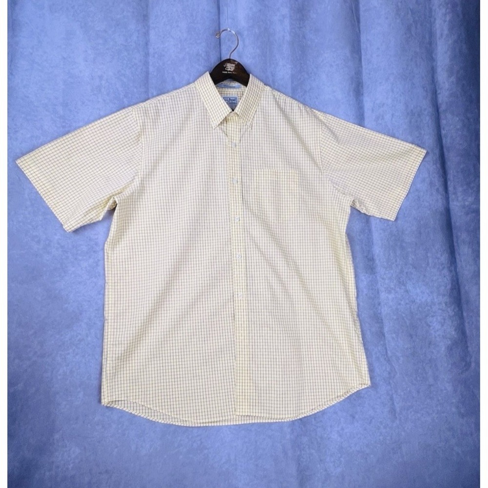 LL Bean Shirt Mens Large Yellow w/Blue Check Short Sleeve‎ Cotton Wrinkle Free
